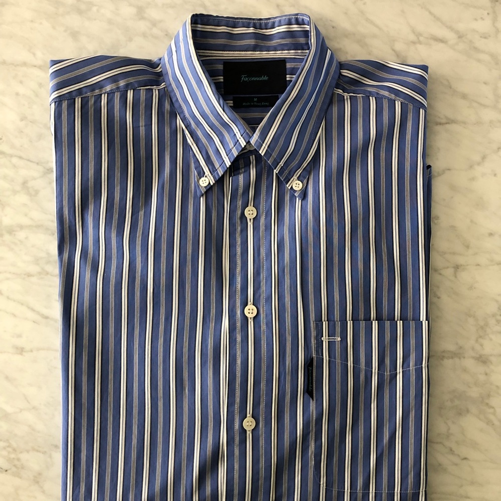 Faconnable Men’s Blue and White Striped Shirt